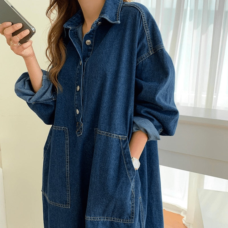 jinran Women's Spring Autumn Casual Denim Shirt Dress Lady Long Sleeve Midi Jeans Vestidos Female Fashion Loose Outerwear Clothings