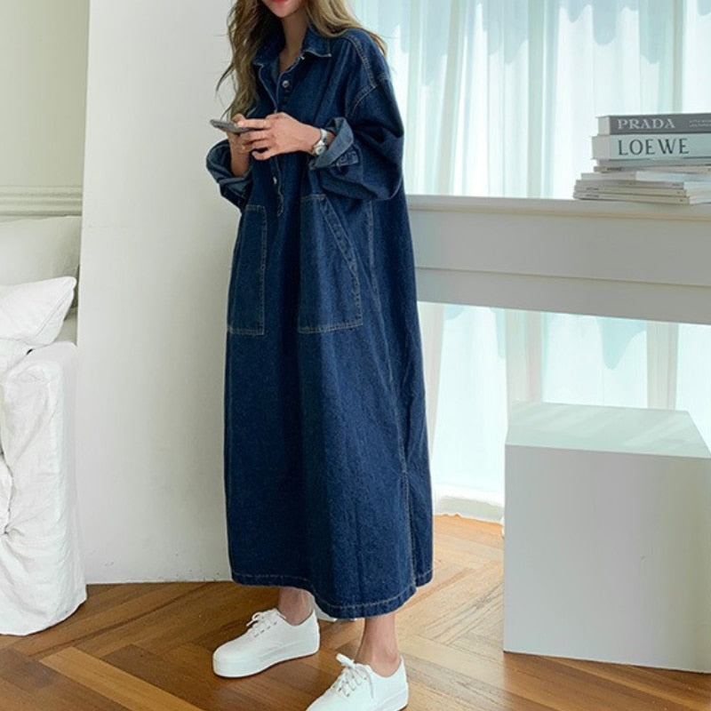 jinran Women's Spring Autumn Casual Denim Shirt Dress Lady Long Sleeve Midi Jeans Vestidos Female Fashion Loose Outerwear Clothings