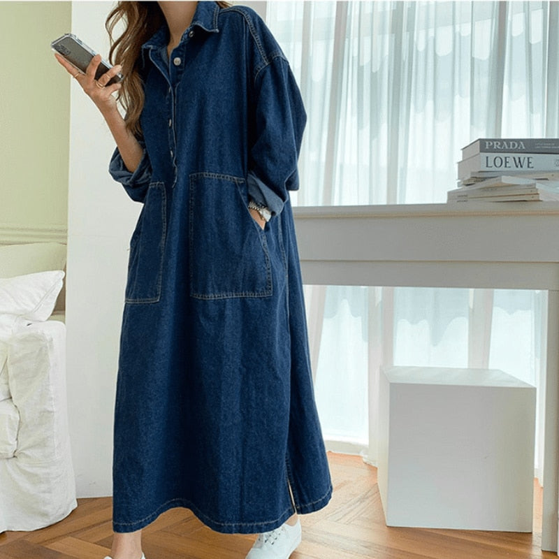 jinran Women's Spring Autumn Casual Denim Shirt Dress Lady Long Sleeve Midi Jeans Vestidos Female Fashion Loose Outerwear Clothings