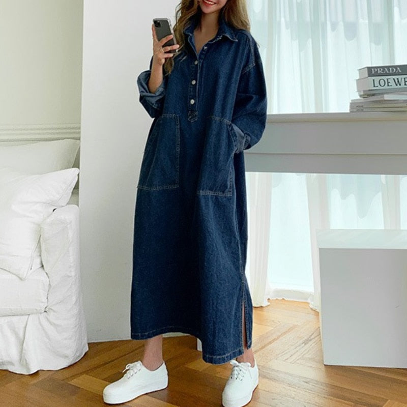 jinran Women's Spring Autumn Casual Denim Shirt Dress Lady Long Sleeve Midi Jeans Vestidos Female Fashion Loose Outerwear Clothings