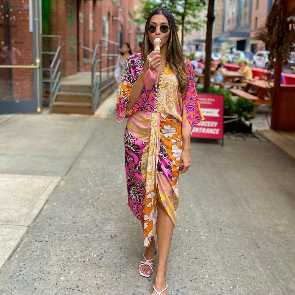 jinran Women Vintage Printed Waist Elastic Front Slit Midi Dress Female Beading V Neck Draped Ruched Robe Ladies Kimono Dresses