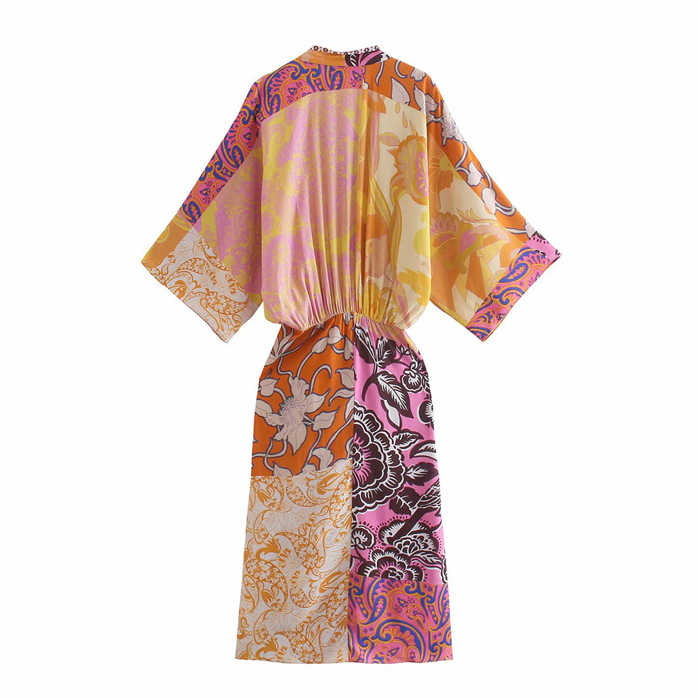 jinran Women Vintage Printed Waist Elastic Front Slit Midi Dress Female Beading V Neck Draped Ruched Robe Ladies Kimono Dresses