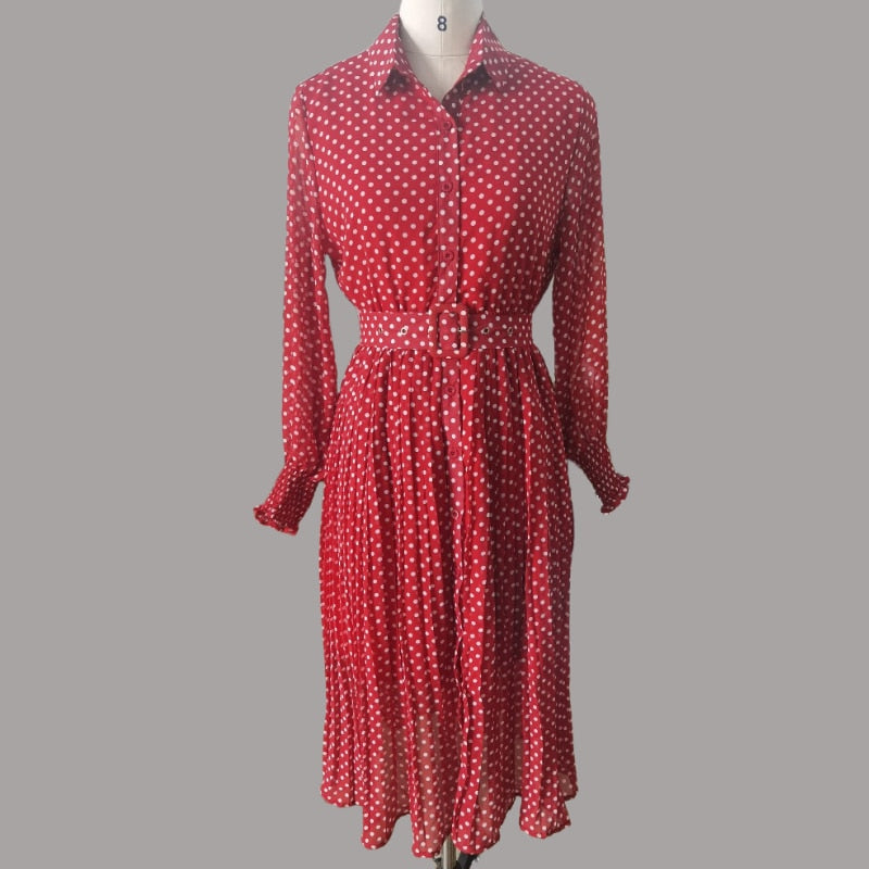 jinran Spring And Summer French Vintage Maxi Dress 2021 Sundress Ladies Long Sleeve Orange Polka Dot Chiffon Pleated Dresses Femme Robe