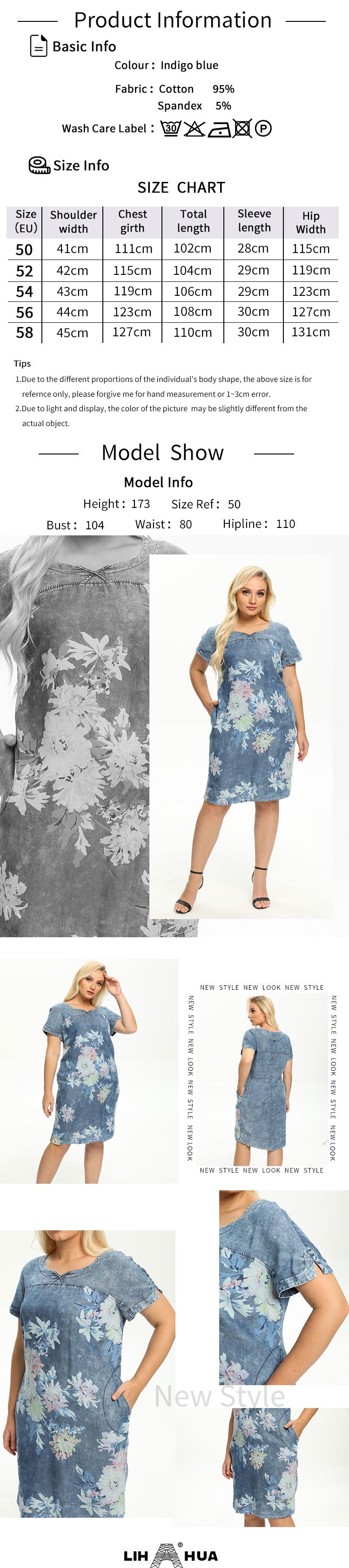 jinran Women's Plus Size Denim Dress Summer Slim Fit Dress Casual Dress Printed Woven Denim Short Sleeve Knee-Length
