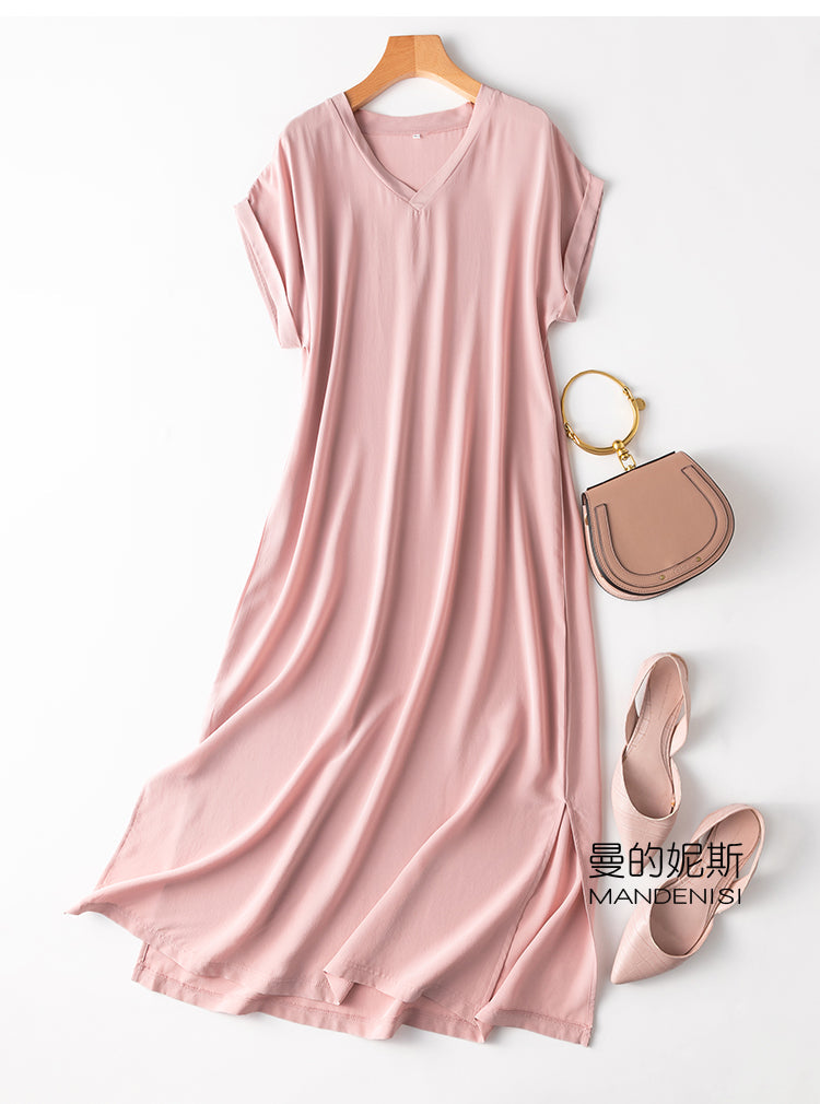 jinran Women's 100% Mulberry Silk Crepe Silk V neck Short Sleeve Side Slit Long Dress L XL M112