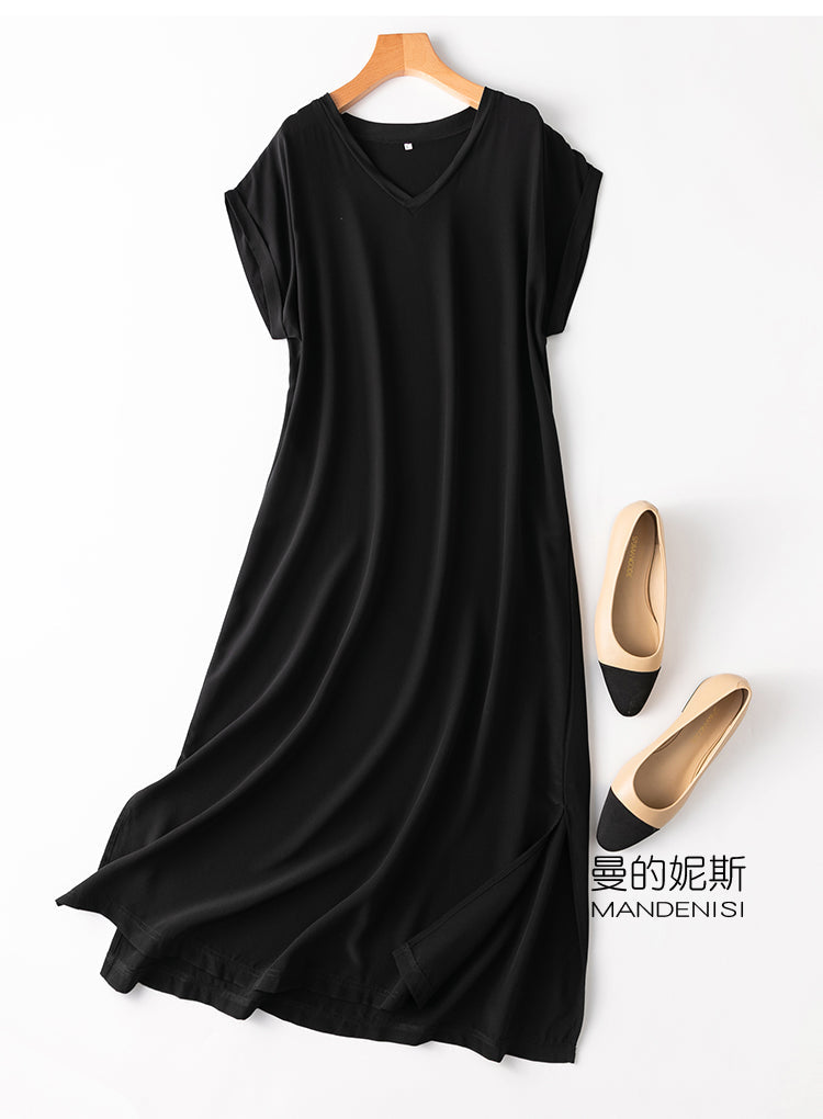 jinran Women's 100% Mulberry Silk Crepe Silk V neck Short Sleeve Side Slit Long Dress L XL M112