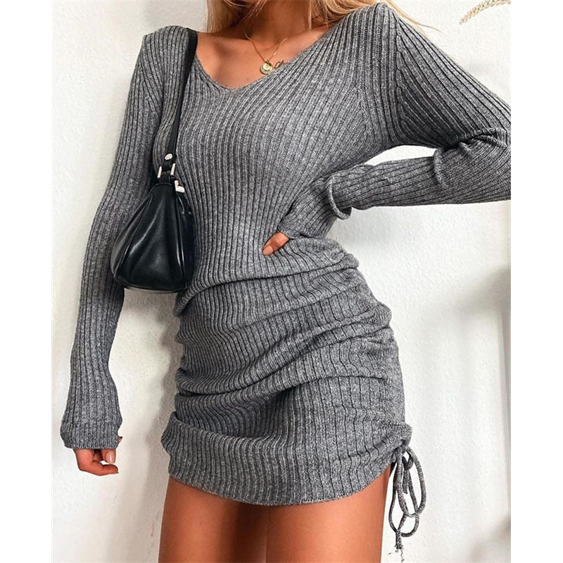 jinran Women's Dress Knitted Drawstring Sexy Mini Dress Autumn Winter Elegant Fashion V-Neck Long Sleeve Bodycon Party Dresses Female