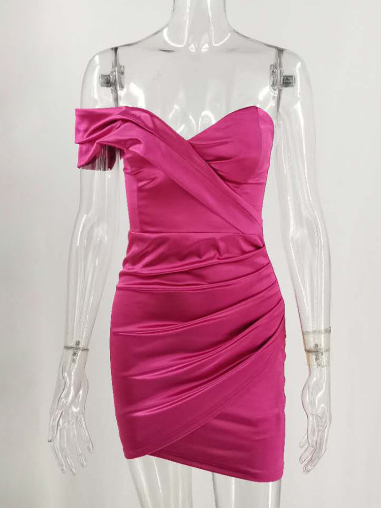 jinran Women One Shoulder Strapless Party Dress Solid Stretch Sheath Elegant Celebrity Outfit Club Wear Satin Dress