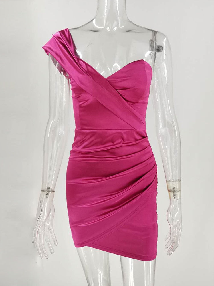 jinran Women One Shoulder Strapless Party Dress Solid Stretch Sheath Elegant Celebrity Outfit Club Wear Satin Dress