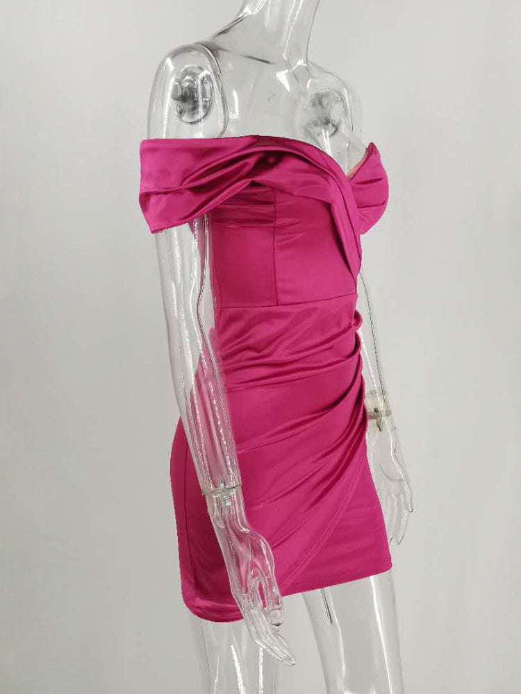 jinran Women One Shoulder Strapless Party Dress Solid Stretch Sheath Elegant Celebrity Outfit Club Wear Satin Dress