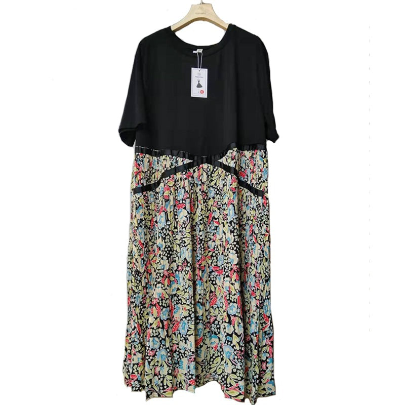 jinran 2022 Summer Plus Size 5XL Women's Dress Short Sleeve T-Shirt Dress Print Patchwork Pleated Robe Fake Two Piece Dress KE1062