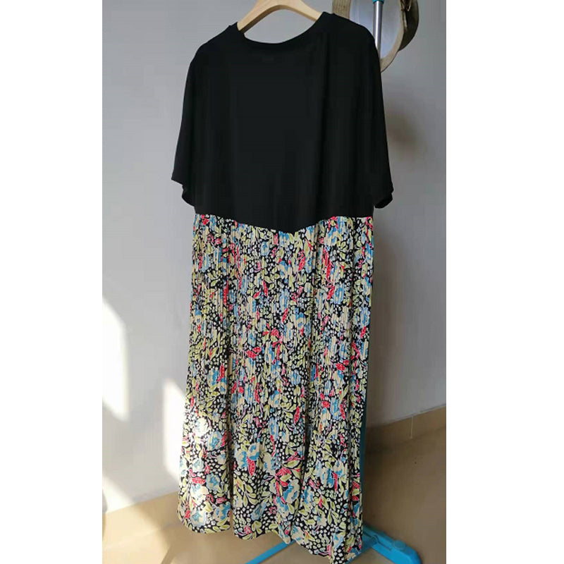 jinran 2022 Summer Plus Size 5XL Women's Dress Short Sleeve T-Shirt Dress Print Patchwork Pleated Robe Fake Two Piece Dress KE1062