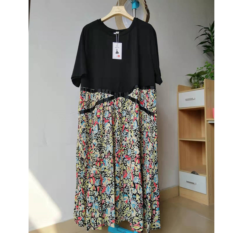 jinran 2022 Summer Plus Size 5XL Women's Dress Short Sleeve T-Shirt Dress Print Patchwork Pleated Robe Fake Two Piece Dress KE1062