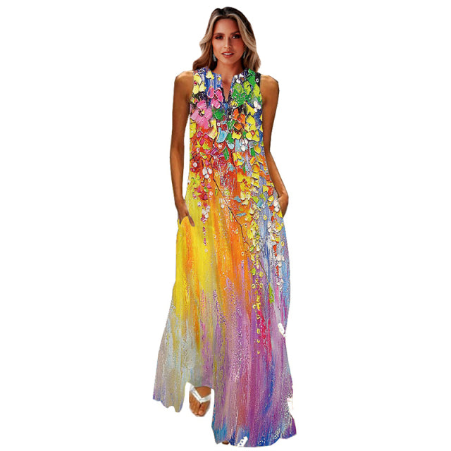 jinran Spring Summer Print Long Dress Women Beach Holiday Casual Fashion Elegant Dresses Party Sleeveless V Neck Maxi Dresses