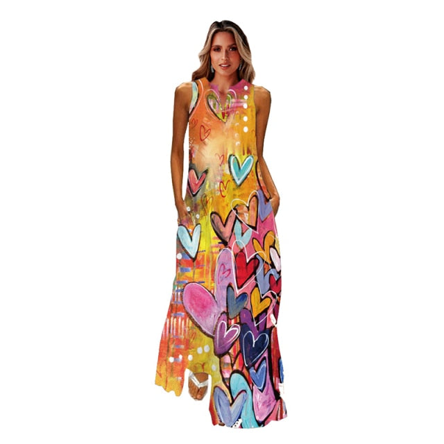 jinran Spring Summer Print Long Dress Women Beach Holiday Casual Fashion Elegant Dresses Party Sleeveless V Neck Maxi Dresses