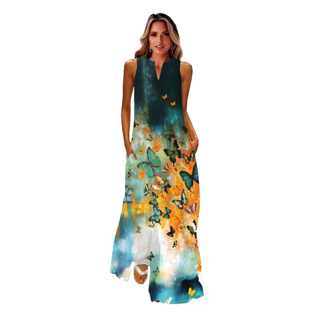 jinran Spring Summer Print Long Dress Women Beach Holiday Casual Fashion Elegant Dresses Party Sleeveless V Neck Maxi Dresses