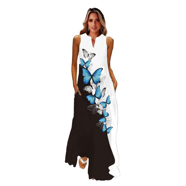 jinran Spring Summer Print Long Dress Women Beach Holiday Casual Fashion Elegant Dresses Party Sleeveless V Neck Maxi Dresses