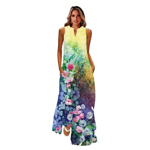 jinran Spring Summer Print Long Dress Women Beach Holiday Casual Fashion Elegant Dresses Party Sleeveless V Neck Maxi Dresses