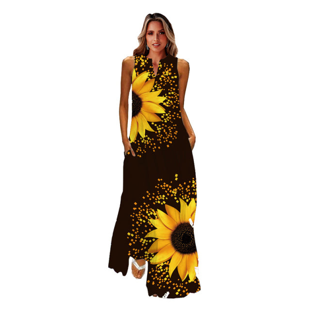 jinran Spring Summer Print Long Dress Women Beach Holiday Casual Fashion Elegant Dresses Party Sleeveless V Neck Maxi Dresses