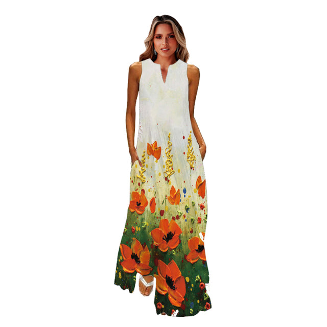 jinran Spring Summer Print Long Dress Women Beach Holiday Casual Fashion Elegant Dresses Party Sleeveless V Neck Maxi Dresses
