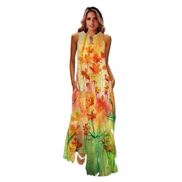jinran Spring Summer Print Long Dress Women Beach Holiday Casual Fashion Elegant Dresses Party Sleeveless V Neck Maxi Dresses