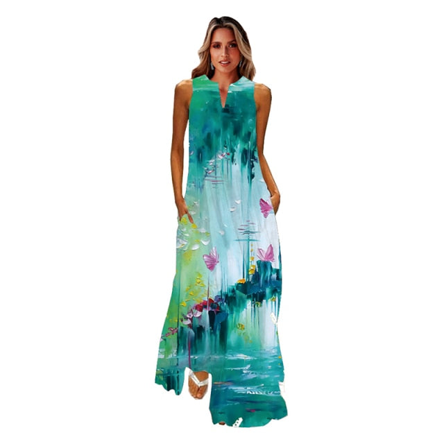 jinran Spring Summer Print Long Dress Women Beach Holiday Casual Fashion Elegant Dresses Party Sleeveless V Neck Maxi Dresses