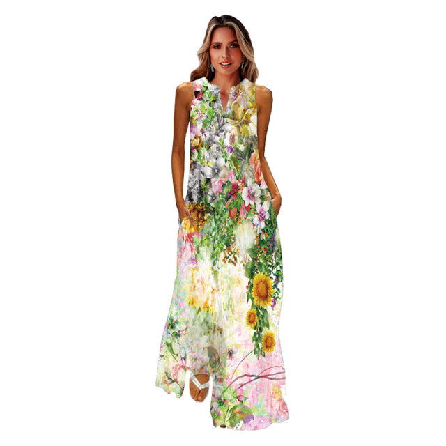 jinran Spring Summer Print Long Dress Women Beach Holiday Casual Fashion Elegant Dresses Party Sleeveless V Neck Maxi Dresses