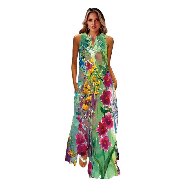 jinran Spring Summer Print Long Dress Women Beach Holiday Casual Fashion Elegant Dresses Party Sleeveless V Neck Maxi Dresses