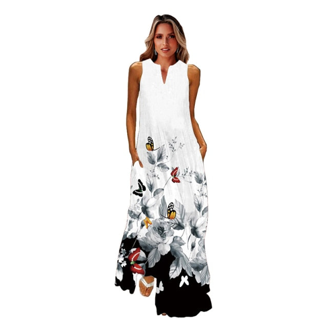 jinran Spring Summer Print Long Dress Women Beach Holiday Casual Fashion Elegant Dresses Party Sleeveless V Neck Maxi Dresses