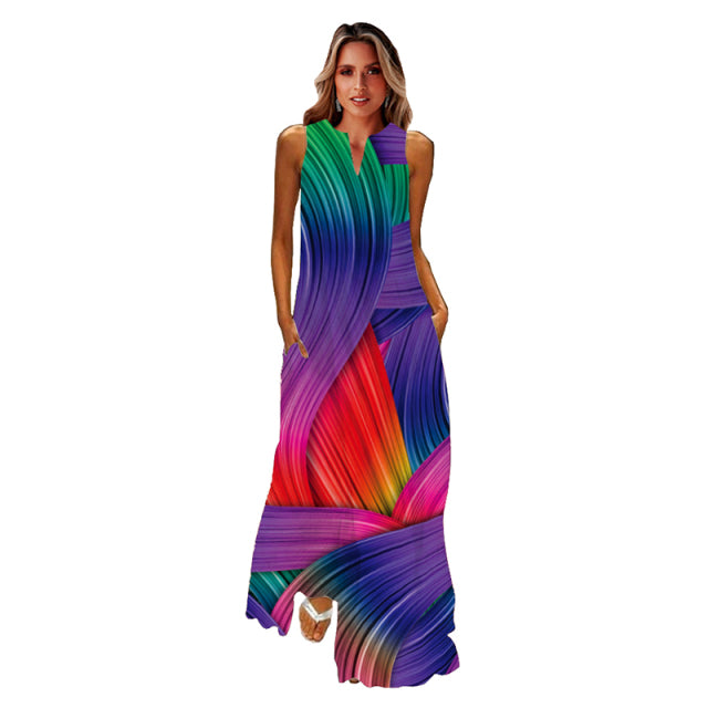 jinran Spring Summer Print Long Dress Women Beach Holiday Casual Fashion Elegant Dresses Party Sleeveless V Neck Maxi Dresses