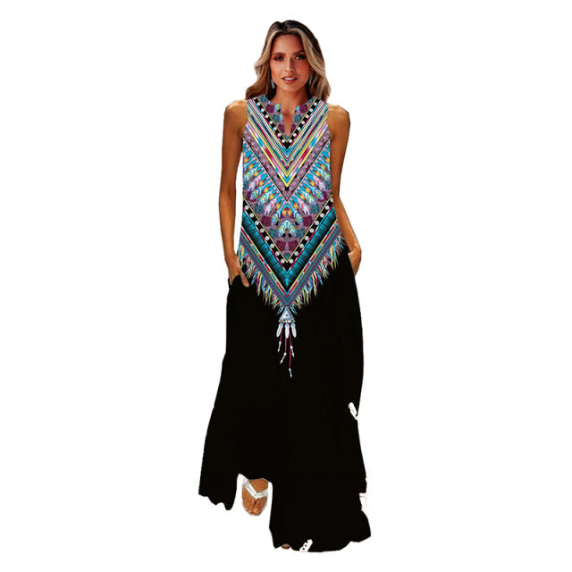 jinran Spring Summer Print Long Dress Women Beach Holiday Casual Fashion Elegant Dresses Party Sleeveless V Neck Maxi Dresses