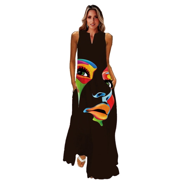 jinran Spring Summer Print Long Dress Women Beach Holiday Casual Fashion Elegant Dresses Party Sleeveless V Neck Maxi Dresses