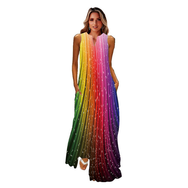 jinran Spring Summer Print Long Dress Women Beach Holiday Casual Fashion Elegant Dresses Party Sleeveless V Neck Maxi Dresses