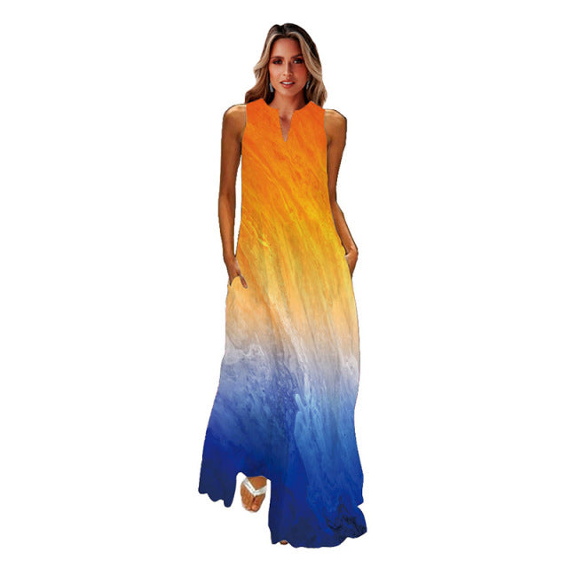 jinran Spring Summer Print Long Dress Women Beach Holiday Casual Fashion Elegant Dresses Party Sleeveless V Neck Maxi Dresses
