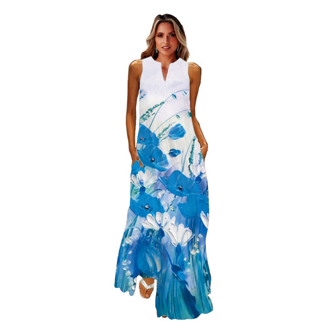 jinran Spring Summer Print Long Dress Women Beach Holiday Casual Fashion Elegant Dresses Party Sleeveless V Neck Maxi Dresses