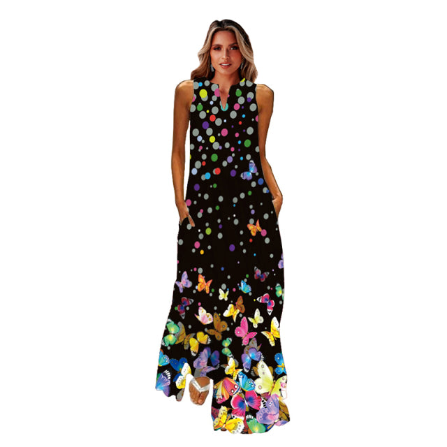 jinran Spring Summer Print Long Dress Women Beach Holiday Casual Fashion Elegant Dresses Party Sleeveless V Neck Maxi Dresses