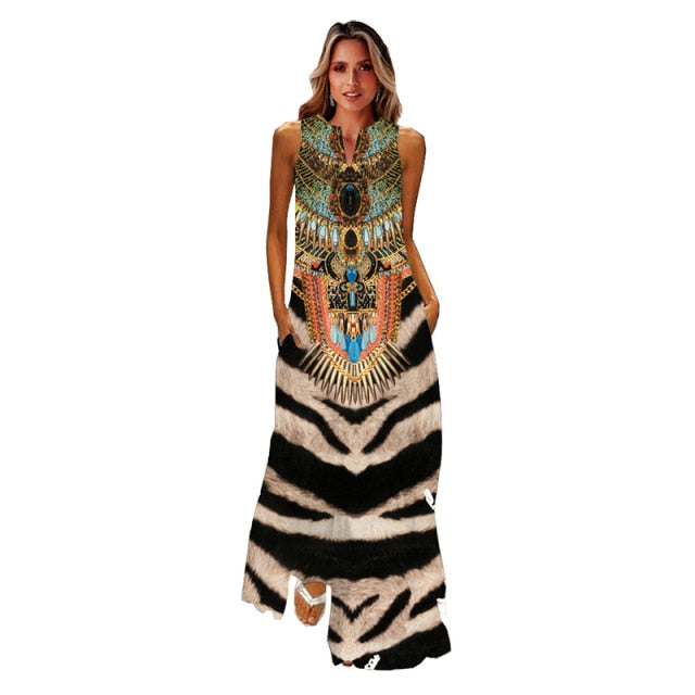 jinran Spring Summer Print Long Dress Women Beach Holiday Casual Fashion Elegant Dresses Party Sleeveless V Neck Maxi Dresses