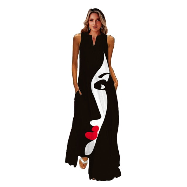 jinran Spring Summer Print Long Dress Women Beach Holiday Casual Fashion Elegant Dresses Party Sleeveless V Neck Maxi Dresses
