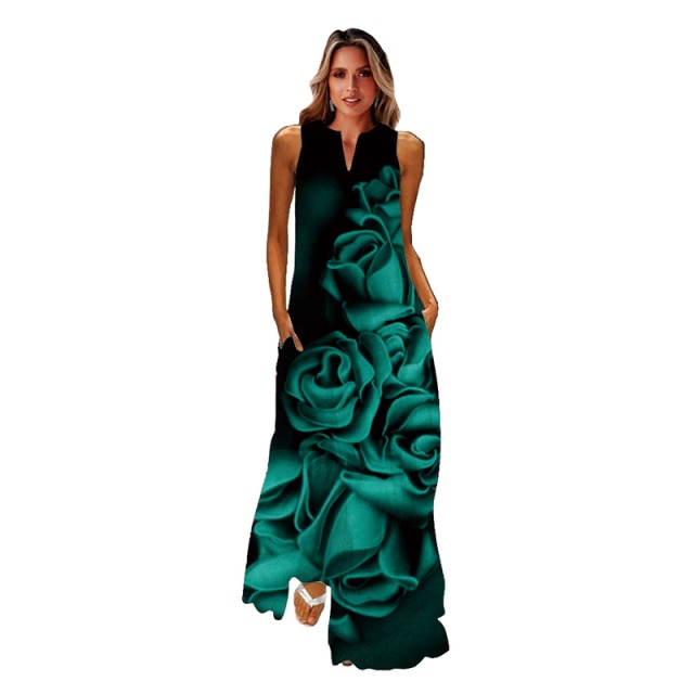 jinran Spring Summer Print Long Dress Women Beach Holiday Casual Fashion Elegant Dresses Party Sleeveless V Neck Maxi Dresses