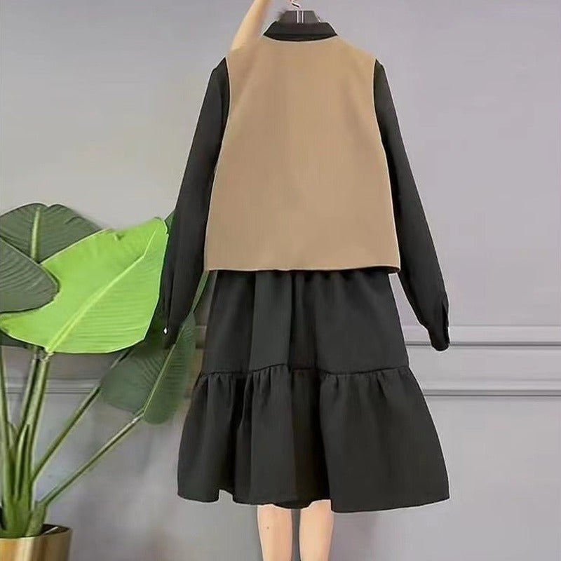 jinran Women's Plus Size Dress Sets Sweet Bow Long Sleeve A-line Dress Baggy Vest Two Piece Set Women Casual Style Elegant Skirt M-4XL