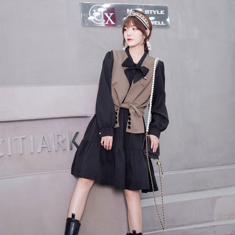 jinran Women's Plus Size Dress Sets Sweet Bow Long Sleeve A-line Dress Baggy Vest Two Piece Set Women Casual Style Elegant Skirt M-4XL