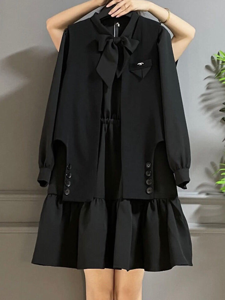 jinran Women's Plus Size Dress Sets Sweet Bow Long Sleeve A-line Dress Baggy Vest Two Piece Set Women Casual Style Elegant Skirt M-4XL