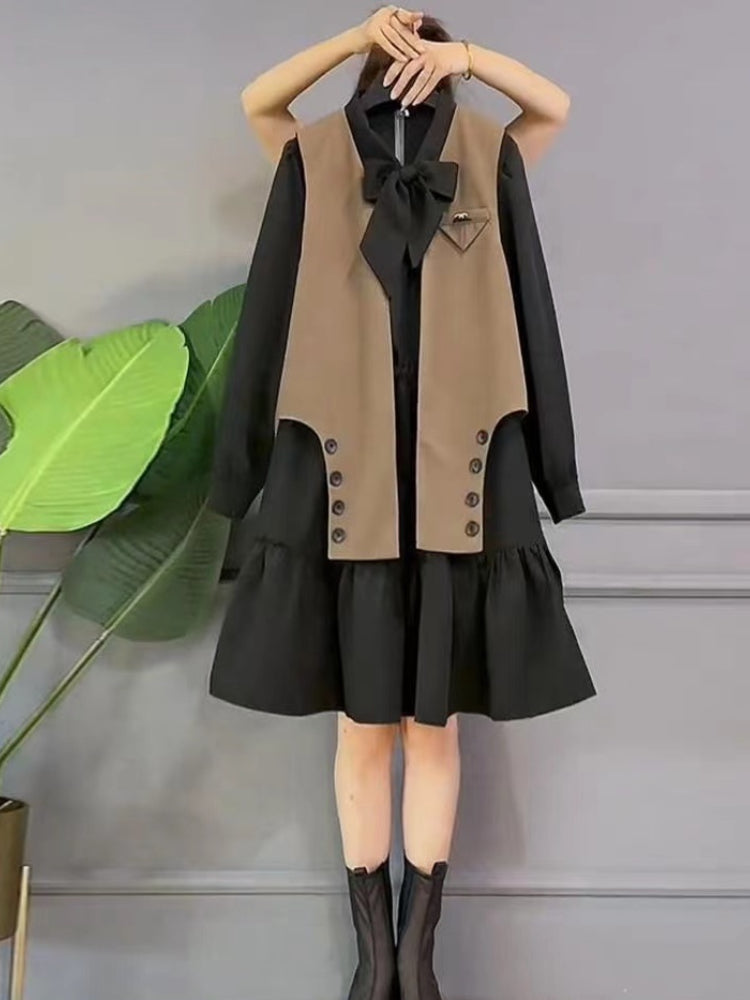 jinran Women's Plus Size Dress Sets Sweet Bow Long Sleeve A-line Dress Baggy Vest Two Piece Set Women Casual Style Elegant Skirt M-4XL