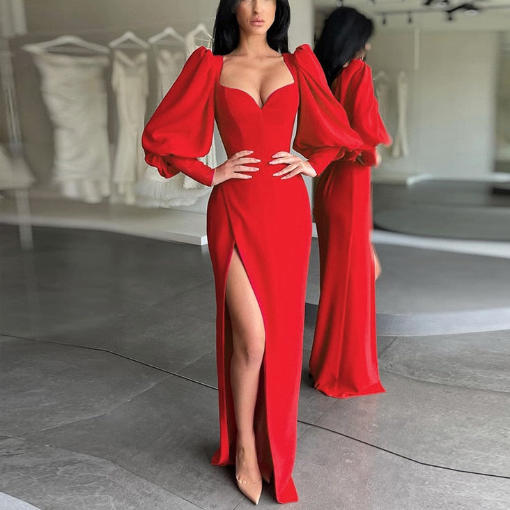 jinran Women's Dress Elegant Tunics Pull Sleeve High Split Evening Party Dresses Y2K Tight Long Maxi Formal Vestidos Red Black