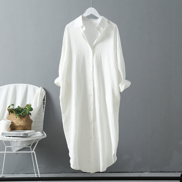 jinran Women's Autumn Cotton Linen Midi White Shirt Dress Long Sleeve Casual Loose Spring Clothing Femme Fashion Elegant Vestidos