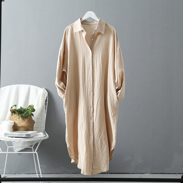 jinran Women's Autumn Cotton Linen Midi White Shirt Dress Long Sleeve Casual Loose Spring Clothing Femme Fashion Elegant Vestidos