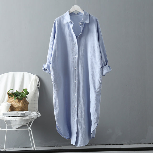 jinran Women's Autumn Cotton Linen Midi White Shirt Dress Long Sleeve Casual Loose Spring Clothing Femme Fashion Elegant Vestidos