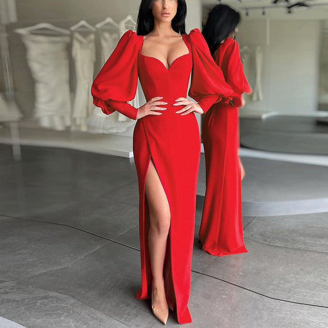 jinran Women's Dress Elegant Tunics Pull Sleeve High Split Evening Party Dresses Y2K Tight Long Maxi Formal Vestidos Red Black