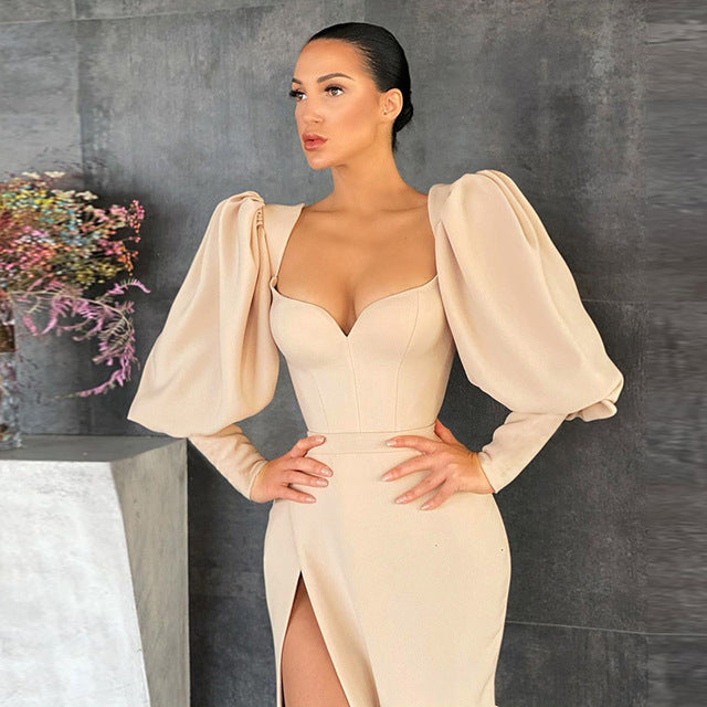 jinran Women's Dress Elegant Tunics Pull Sleeve High Split Evening Party Dresses Y2K Tight Long Maxi Formal Vestidos Red Black