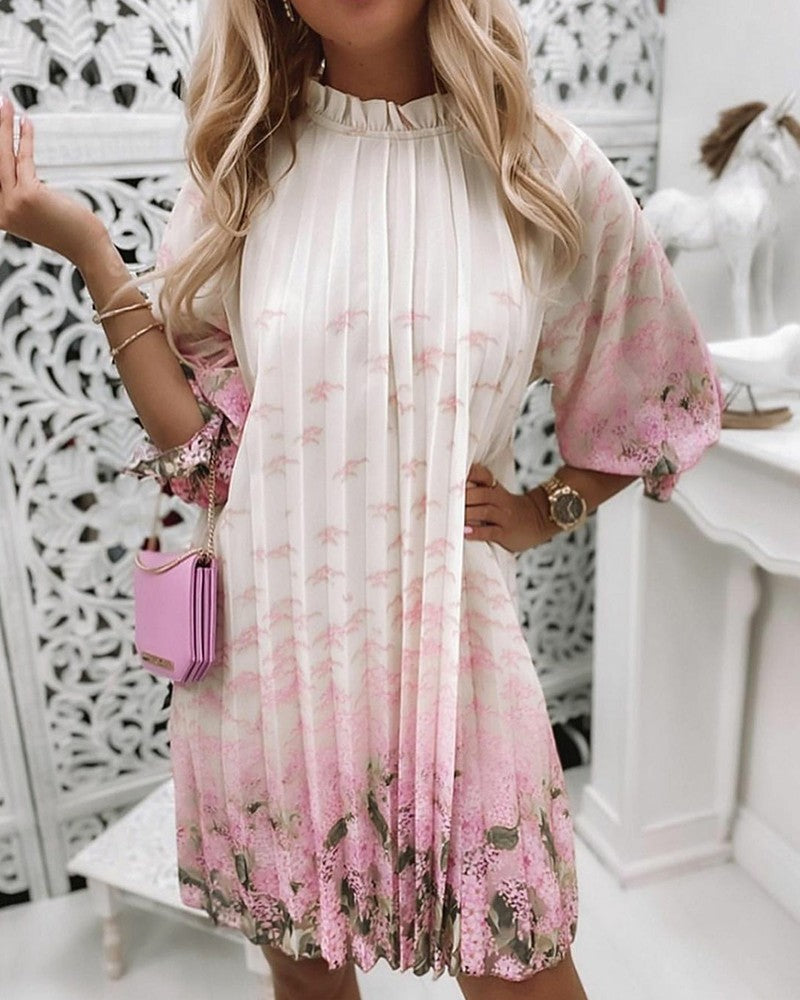 jinran Women's Spring And Autumn Dresses Fashion Ruffle O Neck Print Casual Loose Pleated Woman Mid Sleeve Pullover Tie Dye Dress 2022